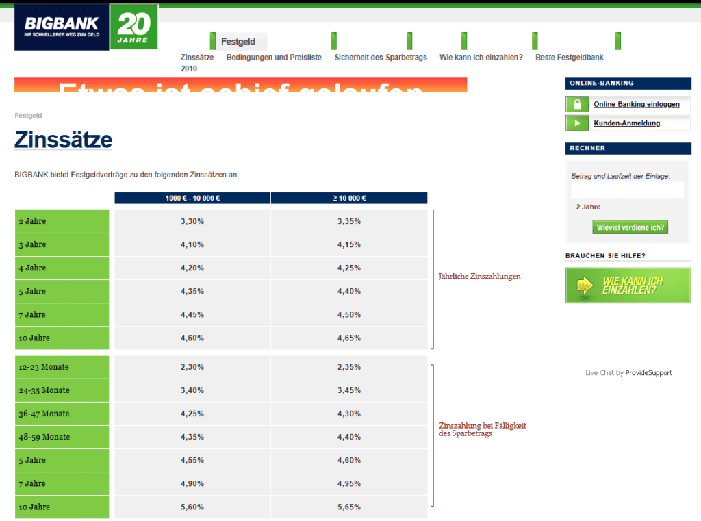 Screenshot aus dem Jahre 2010/2011 von der Website Bigbank.at